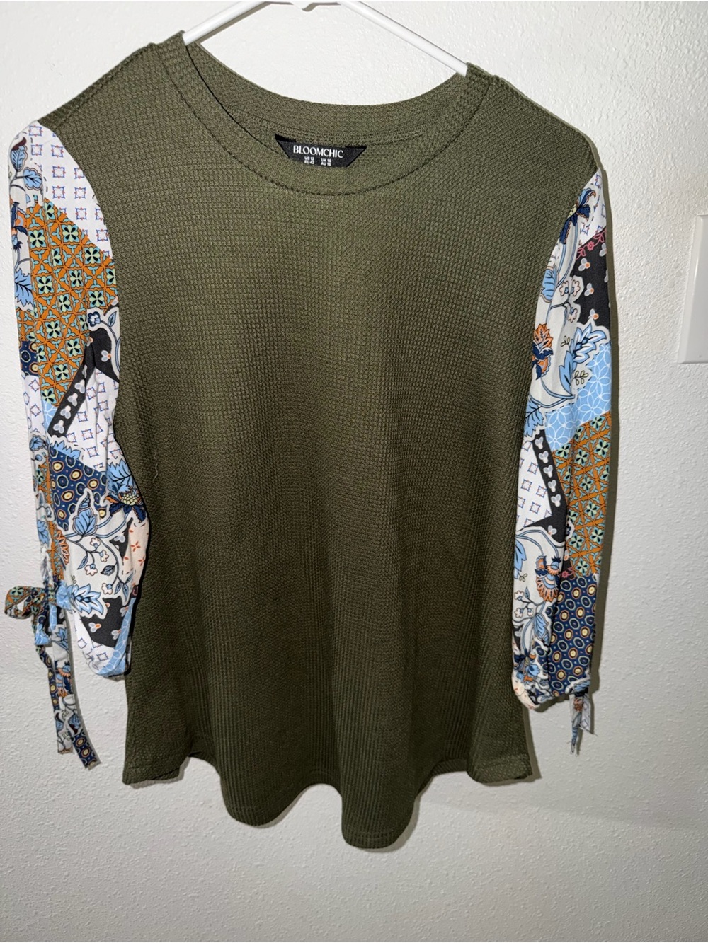 BloomChic Olive Green Waffle Knit Top with Patterned Tie-Sleeves